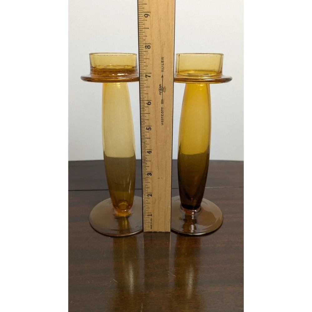 Gardeners Eden Vintage Amber Glass Candle Holders Pair 8in Mid Century Modern